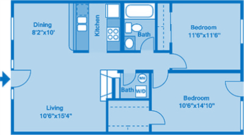 A floorplan showing two bedrooms and two bathrooms.